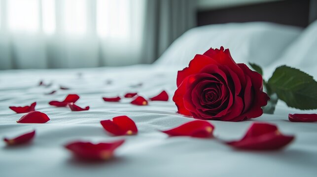 Red rose place on a clean white bed and a red rose petals strewn around