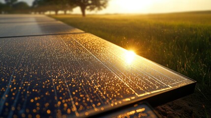 A close-up shot of solar panels covered in morning dew, reflecting the first rays of sunlight in a peaceful rural setting.