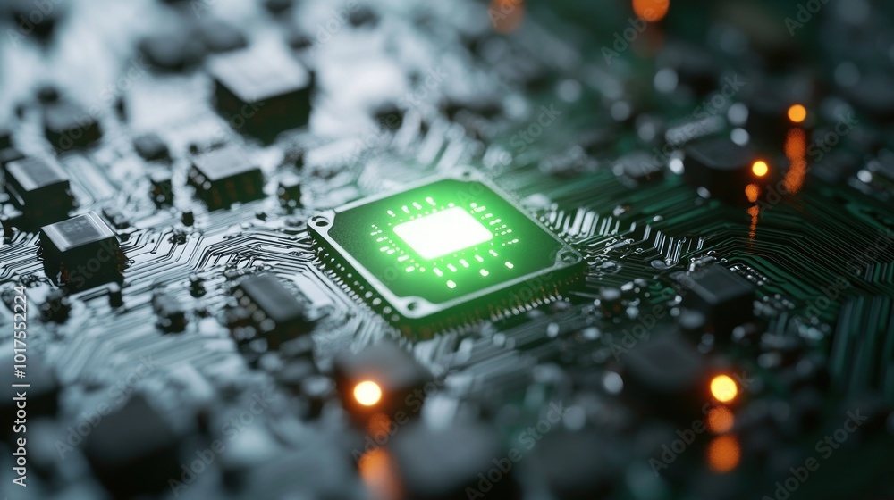 Aufkleber close-up of a circuit board with a glowing microchip, showcasing technology and design.