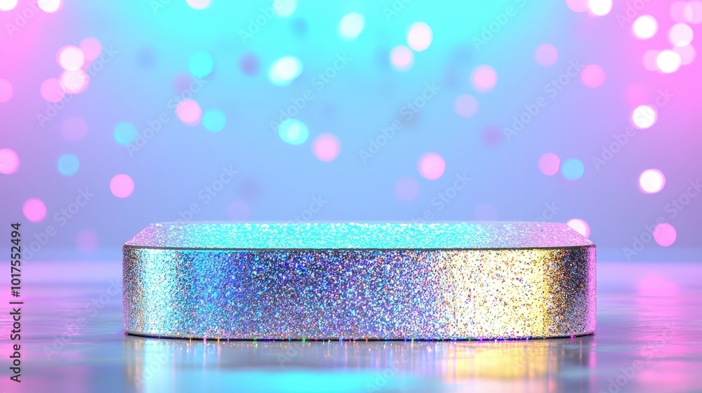 Poster sparkling glitter podium with neon lights and bokeh background for product display
