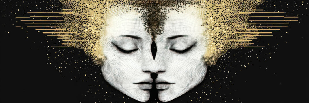 Abstract art of a woman's face with a third eye and a golden aura.