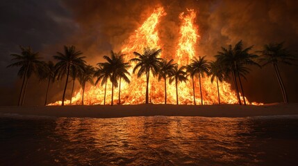 Burning Palm Trees on Tropical Beach   Climate Change  Fire Disaster  Global Warming