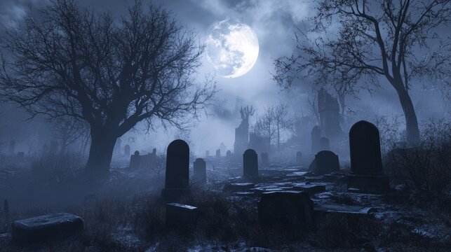 A graveyard with a large moon in the sky