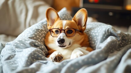 Funny dog corgi laying in bed in glasses watching tv relaxing in a day off