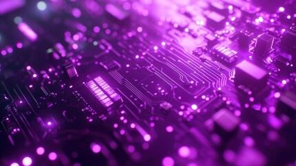 Fototapeta premium Abstract close-up of a circuit board with glowing elements in purple hues.