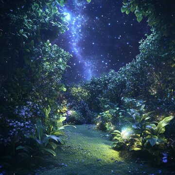 a lush green garden at midnight lit by a indigo glowing trail, glowing plants, realistic 4khd, nebula in the sky