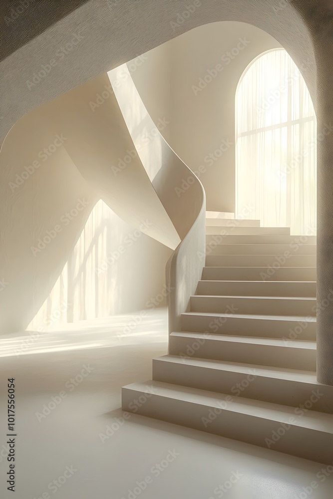 Poster a modern staircase with a curved design, bathed in warm sunlight streaming through a large window. m