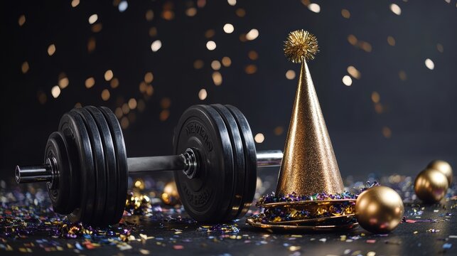 Heavy dumbbells weight plates with party hat and golden horn blower for new years eve celebration healthy fitness lifestyle concept with confetti and ornament gym workout new years resolution