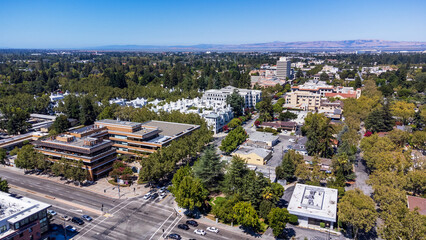 Aerial panoramic view of downtown Mountain View, California, along Castro Street, looking toward San Francisco Bay