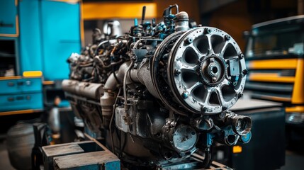 Fototapeta premium Disassembled engine at a truck repair service