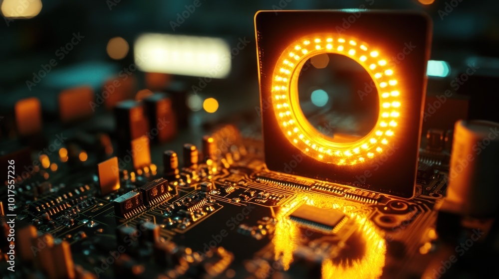 Poster a close-up of a circuit board with an illuminated circular display, showcasing technology.