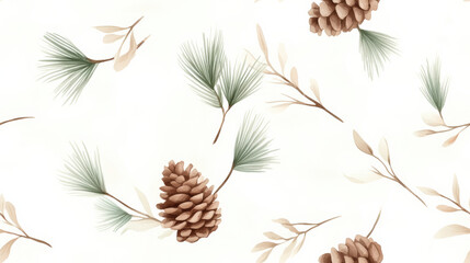 Minimalist watercolor pine branches and pinecones create serene and natural pattern, perfect for adding touch of nature to any design. soft colors evoke calming atmosphere