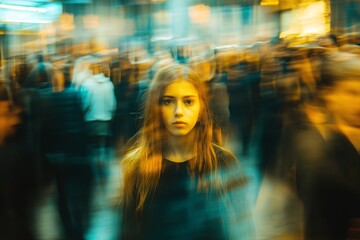 Teenage girl lost in the crowd, motion blur of conceptual image of a lonely girl for being fatherless and depressed