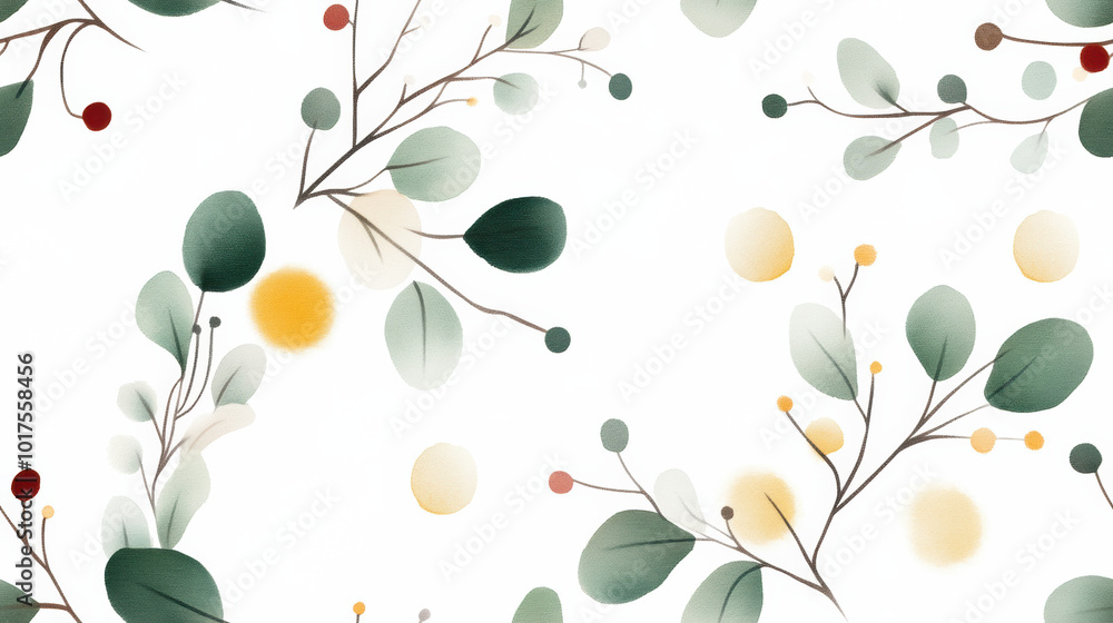Poster beautiful pattern featuring soft watercolor leaves and branches with subtle colors, creating serene 