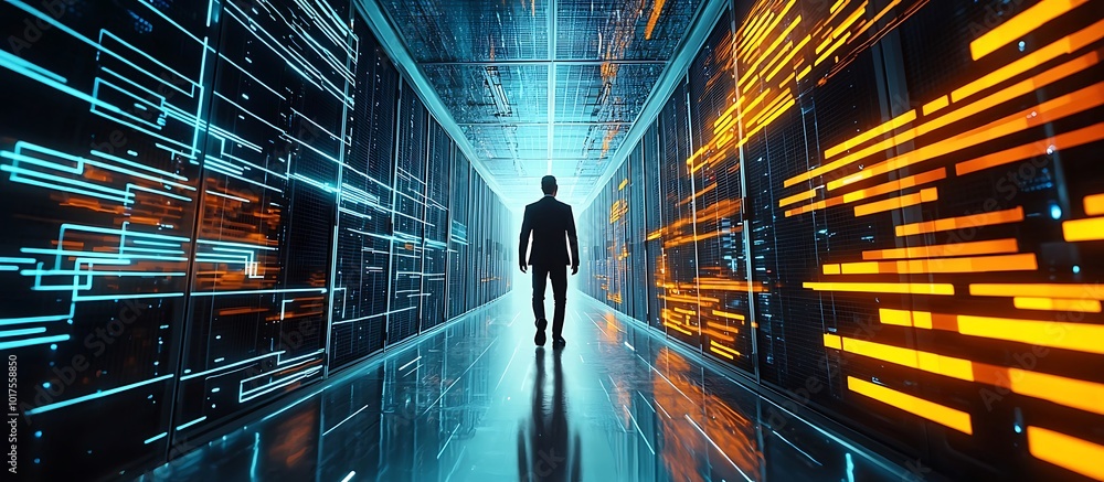 Poster person walks through a data center focusing on futuristic database management in hd.