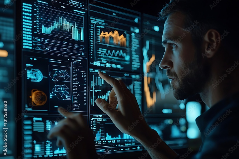 Poster man analyzes futuristic financial data on a digital interface, focusing on finance strategies.