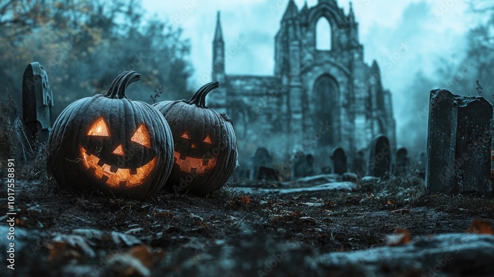 Sticker Haunting pumpkins in eerie graveyard with church ruins