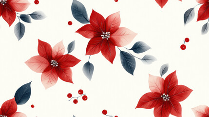 Poinsettia flowers in soft red and green create vibrant and festive pattern, perfect for holiday decor and seasonal celebrations