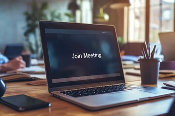 Laptop with 'Join Meeting' text, emphasizing virtual connections in the freelance economy