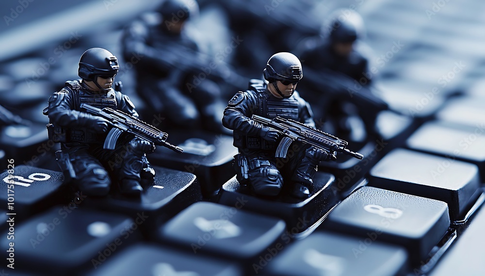 Poster figurines of a team strategically positioned on a keyboard, symbolizing cyber defense.