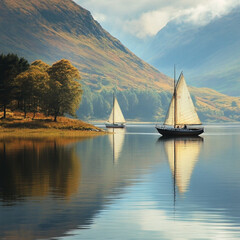 aerial image of a scottish lake with traditional sailing boats