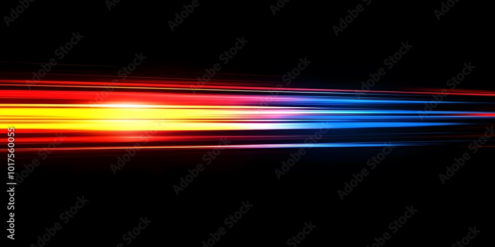 Poster blue, red and yellow light streaks on a black background with glowing horizontal lines in a high spe