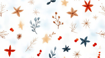 Watercolor Christmas stars and snowflakes create festive pattern, featuring warm colors and delicate botanical elements. This cheerful design evokes cozy holiday spirit