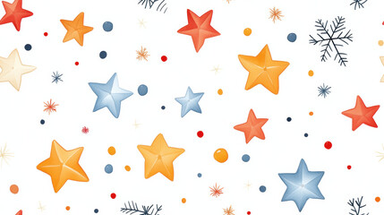 Bright and colorful stars and snowflakes create festive pattern, perfect for holiday decorations and seasonal designs. This cheerful design brings joy and warmth to any project