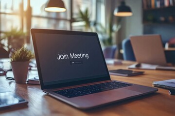 Laptop displaying 'Join Meeting,' representing virtual work and the global gig economy