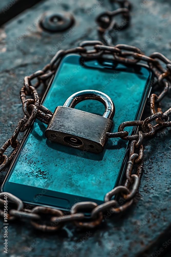 Aufkleber mobile security visualized with a phone bound by a padlock and heavy chain.