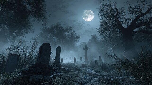A graveyard at night with a full moon in the sky