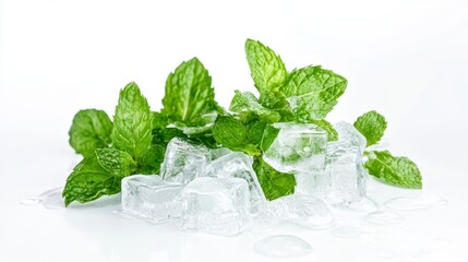 Green mint and ice cubes isolated on white