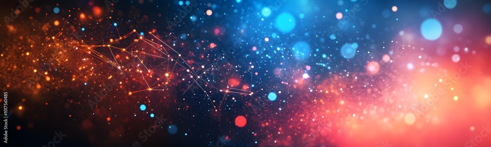 Poster abstract digital network background banner with glowing light and connecting data dots in blue orang