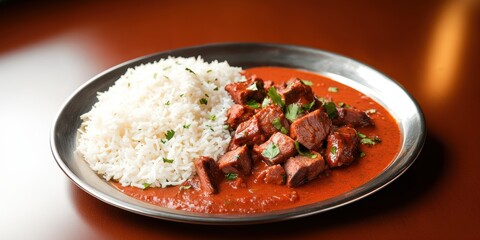 a plate of food with rice and meat