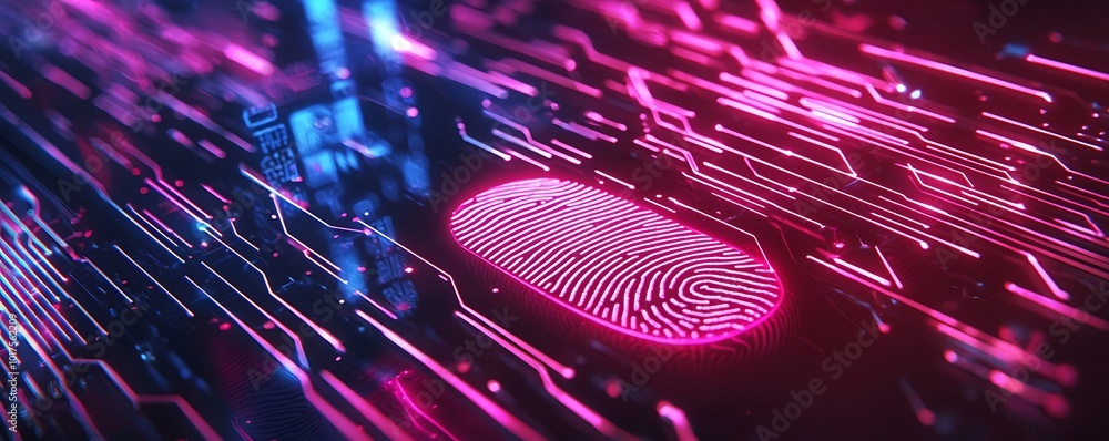 Poster neon lighting enhances the visual appeal of a cybersecurity system using fingerprint tech.