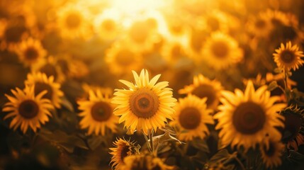 Fototapeta premium Vibrant Sunflowers in a Golden Field at Sunset