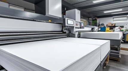 Print shop preparing large white papers for print at the printing machine