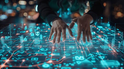 Urban Futurism Hands Interacting with Holographic City Map Digital Icons of City Services Technology Innovation Smart City Concept