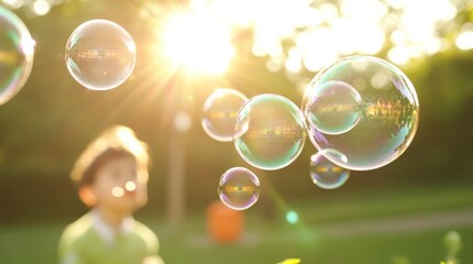 A close-up of a child blowing bubbles in a park, with each bubble reflecting the surrounding greenery and sunlight.