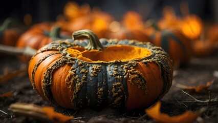 A Carved Pumpkin Sits Among Fallen Leaves on an Autumn Evening in a Quiet, Rural Pumpkin Patch