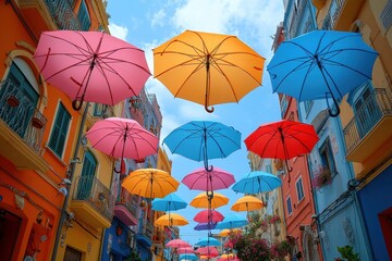 Colorful umbrellas hanging in the blue sky decorating a lively urban street scene