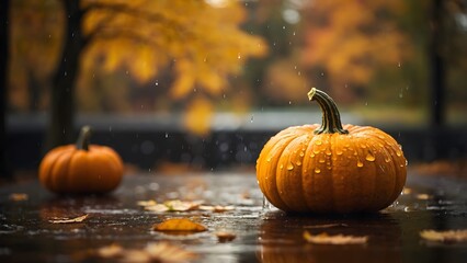 Raindrops Glisten on Vibrant Pumpkins Resting on a Wet Surface During a Crisp Autumn Day