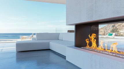 Modern Fireplace with Ocean View in Minimalist Living Room