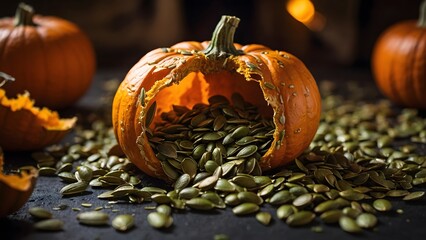 Pumpkin Revealed With Seeds Spilling out During Autumn, Showcasing Seasonal Harvest and Festive Preparations
