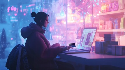 Online shopping scene depicted with a woman making internet purchases with a credit card.
