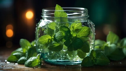 Fresh Mint Leaves in a Glass Jar Surrounded by Greenery Illuminated by Soft Candlelight