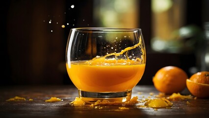 Freshly Squeezed Orange Juice Splashing in a Glass With Oranges on a Wooden Table in a Cozy Setting
