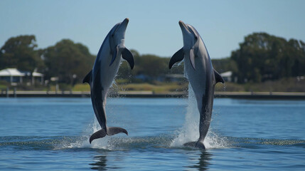 Obraz premium Two dolphins jumping out of the water, taking an underwater selfie with their tails splashing