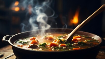 A Steaming Pot of Vegetable Soup is Stirred in a Cozy Kitchen During a Chilly Evening
