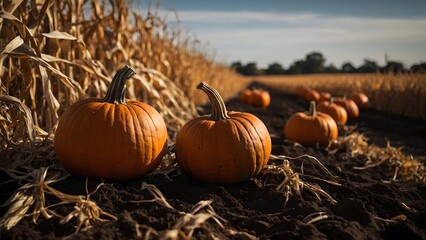 Pumpkins Growing in a Rural Field Surrounded by Cornstalks on a Sunny Autumn Afternoon